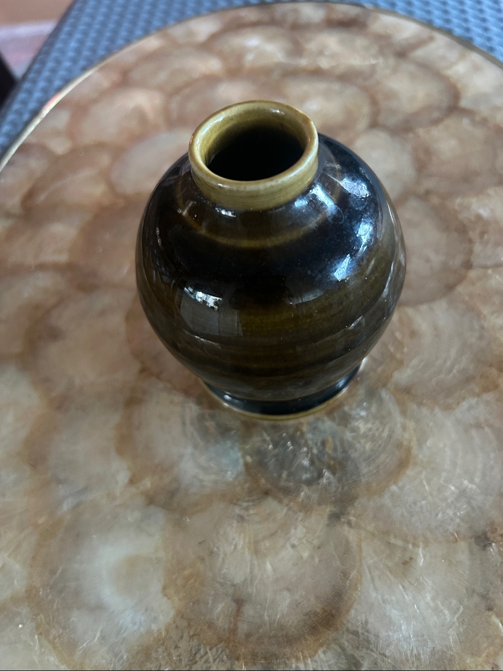 Dark Brown Glazed Ceramic Vase with Tan Rim - Picture 2 of 8